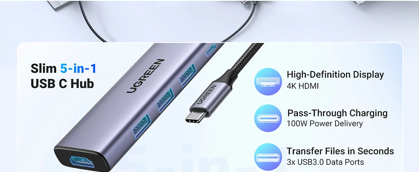 Hub USB-C Ugreen CM511, 6-në-1, HDMI 4K, 3x USB-A, lexues SD/TF, argjendtë