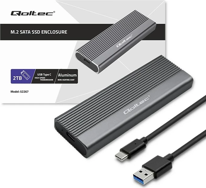 Kasë Qoltec 52267 për SSD M.2, SATA, NGFF, USB-C, 2TB, Gri