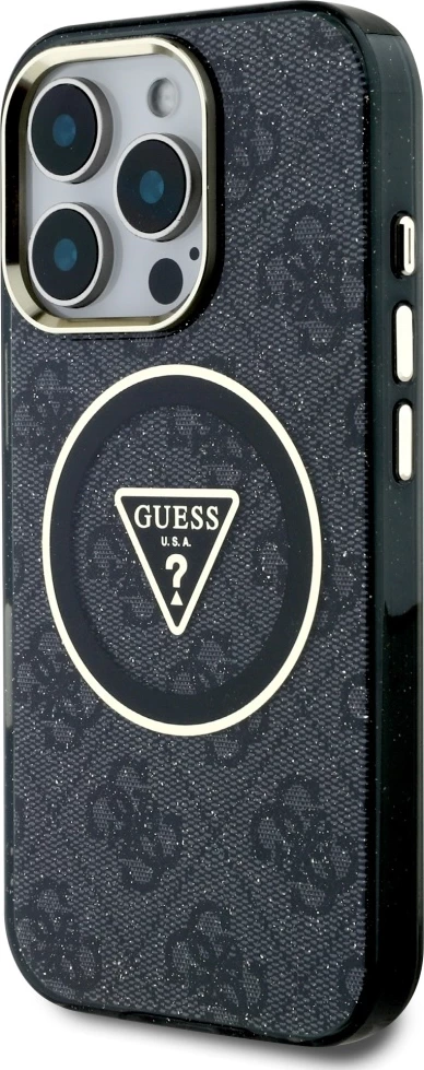 Mbështjellës Guess IML Metal Glitter 4G Circle Triangle MagSafe për iPhone 16 Pro, Zi