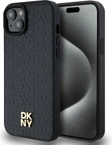 Mbështjellës DKNY Leather Monogram Pattern Metal Logo MagSafe për iPhone 15 Plus / 14 Plus, i zi