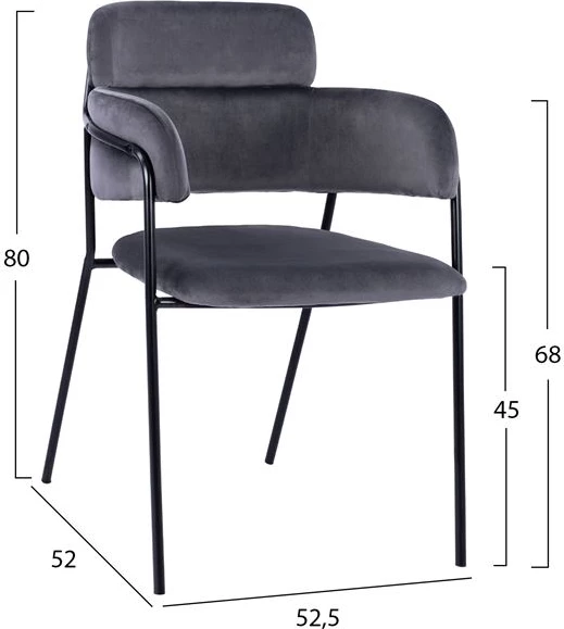 Fotelje Kelso FH8521.01 Kadife Gri e Errët & Këmbë të Zeza 52,5x52x80 cm, set prej 2 copash