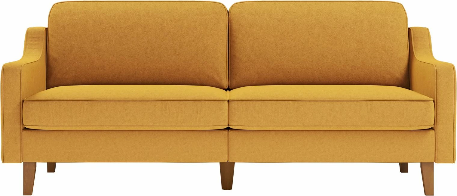 Divan treshe Robin 3, ngjyrë mustard, këmbë druri walnut
