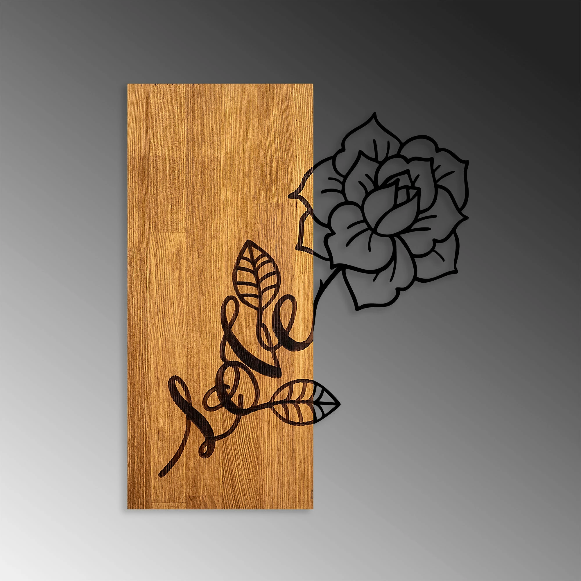 Aksesor dekorativ prej druri për mur, Rose Love, ngjyrë arre dhe e zezë, 47x58cm