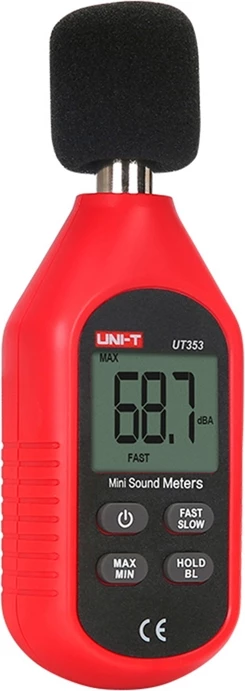 Matës niveli zhurme, UNI-T, UT353, 30-130 dB, saktësi ±1.5 dB, LCD me ndriçim, mikrofon 1/2", set me 3x AAA dhe mbrojtëse ere