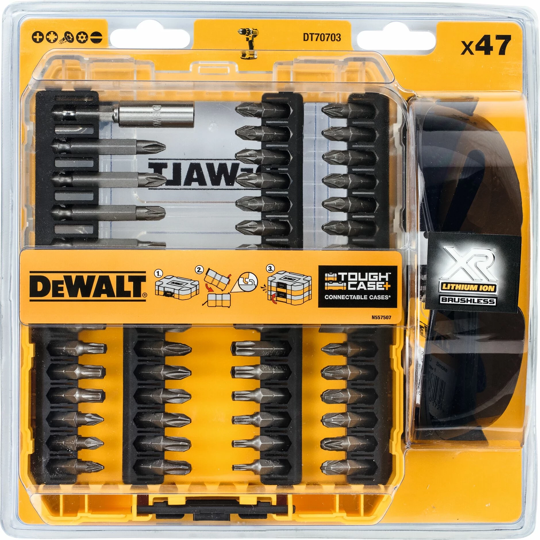 Set bitash për kaçavidë DeWalt DT70703 47 copë me mbajtës magnetik dhe syze mbrojtëse