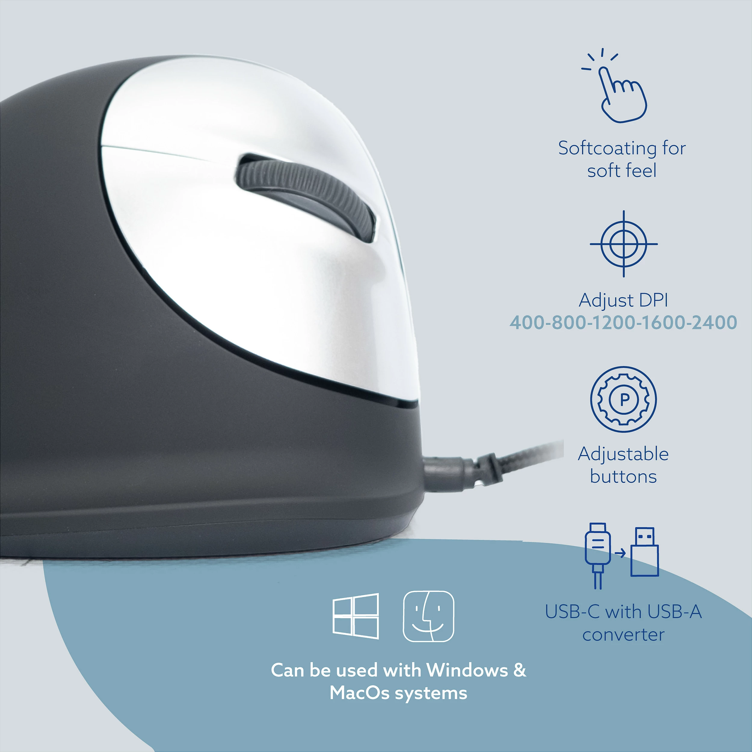 Maus R-Go HE ergonomik për dorë të djathtë, USB, 2400 DPI, i zi/argjendtë