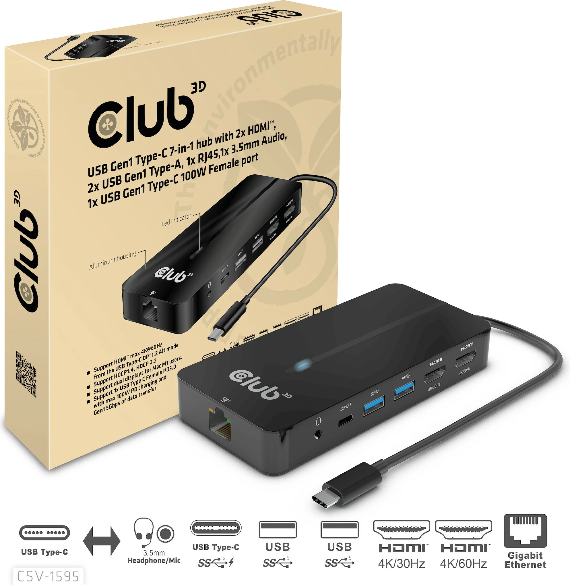 USB HUB Club3D 7in1, 2xHDMI, 2xUSB, USB-C, LAN, 4K60Hz, PD100W, zi