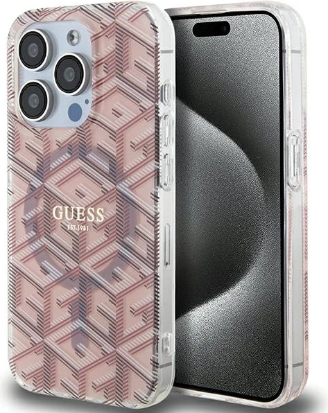 Mbështjellës Guess IML GCube MagSafe për iPhone 15 Pro Max, rozë