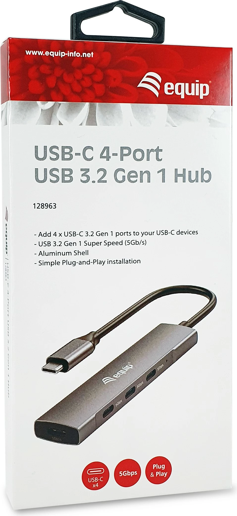 USB hub Equip 4 porte USB 3.2 Gen 1 Type-C, alumini, zi, argjendt, 0.15m