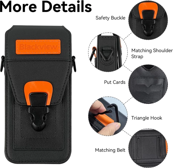 Mbështjellës telefoni BLACKVIEW C01 holster/pouch mbrojtës rezistent ndaj goditjeve, i papërshkueshëm nga uji, deri 185 x 90 x 30 mm, me kordë dhe kapëse, zi/portokalli