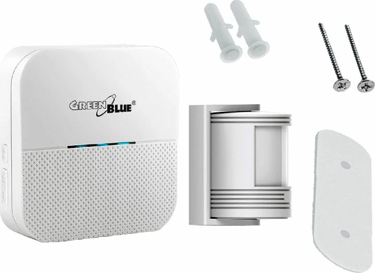 Sinjalizues hyrjeje pa tela GreenBlue GB212, sensor lëvizjeje PIR, 52 melodi, rreze 80-120 m, set marrës + sensor, i bardhë