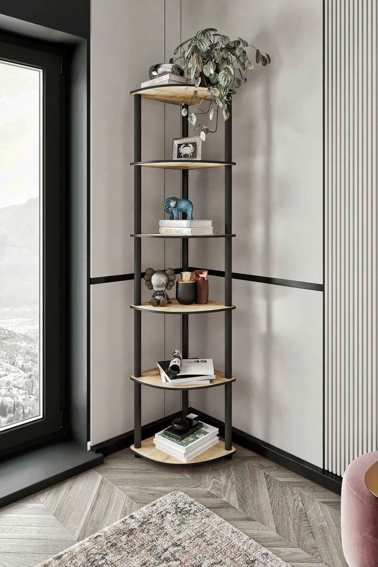 Raft këndi për libra, ngjyrë lisi, Skye Decor, 6 nivele