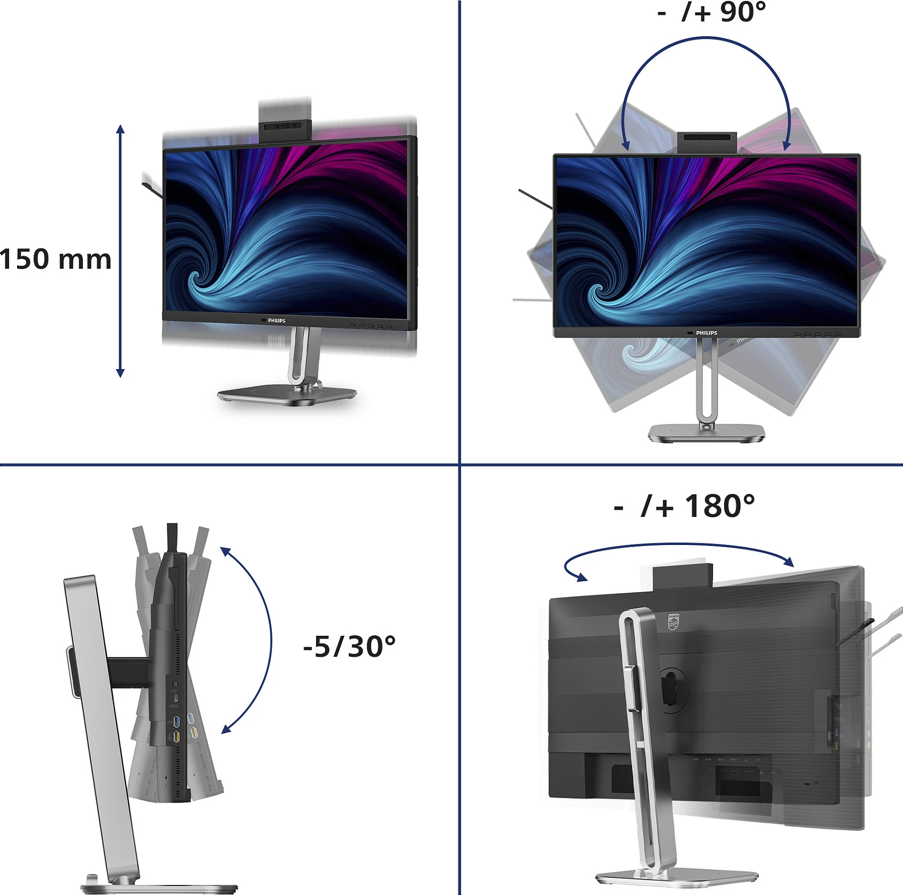 Monitor Philips 24B2U4301H/00, 24", Full HD IPS, 120Hz, USB-C Docking, Webcam 5MP