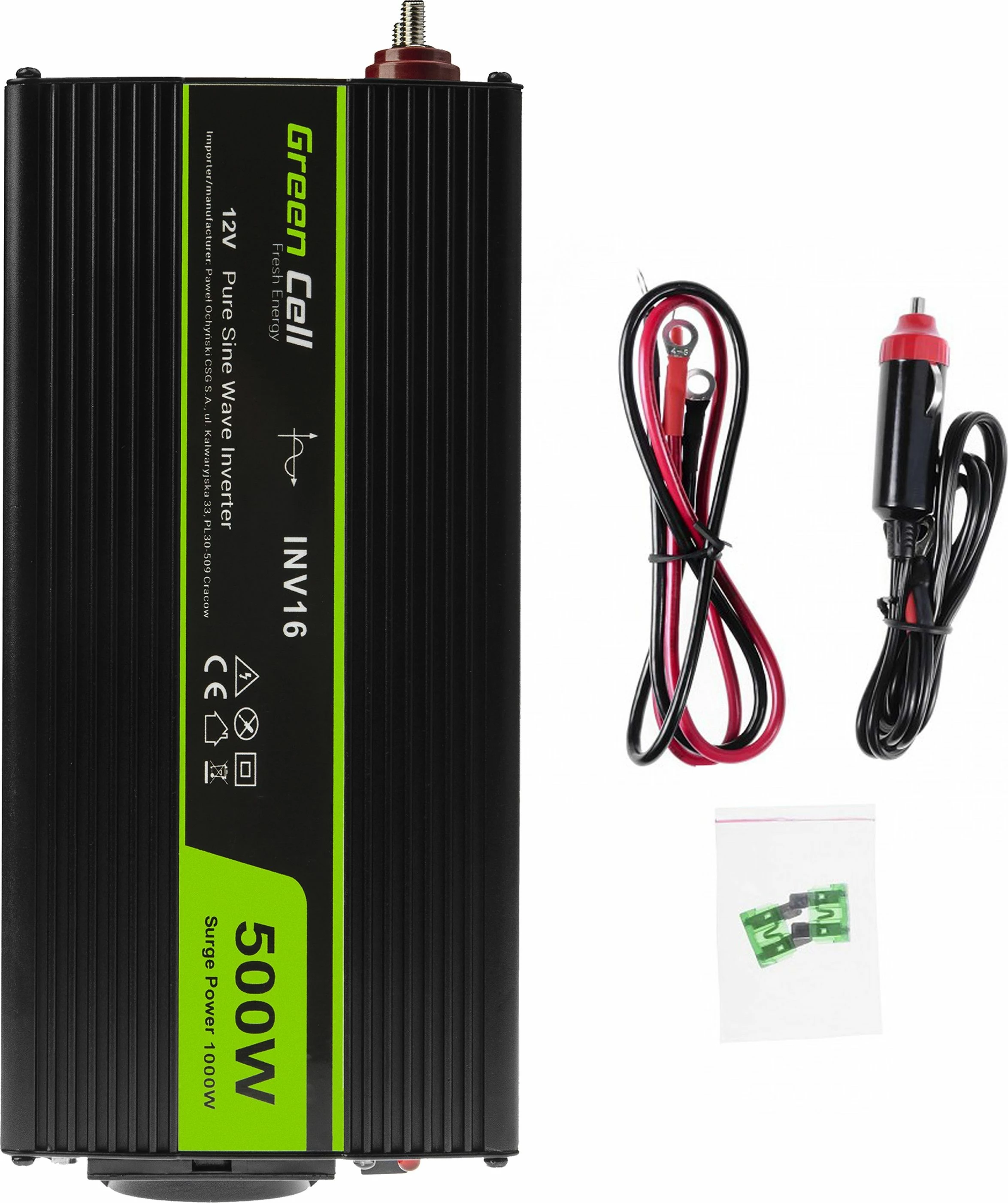 Invertor Green Cell INV16 12V/230V 500W sinus i pastër, i zi