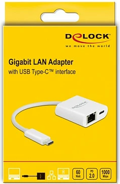 Adapter DeLOCK USB-C në Gigabit LAN 10/100/1000 Mbps me Power Delivery 60W, i bardhë