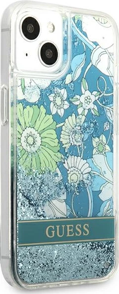 Mbështjellës Guess Flower Liquid Glitter për iPhone 13 6.1", i fortë, Gjelbër