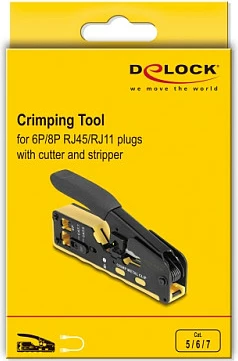 Pincë krimpimi DeLOCK 90583, për RJ-11/RJ-45, me prerës/zhveshës kablli, zezë/verdhe