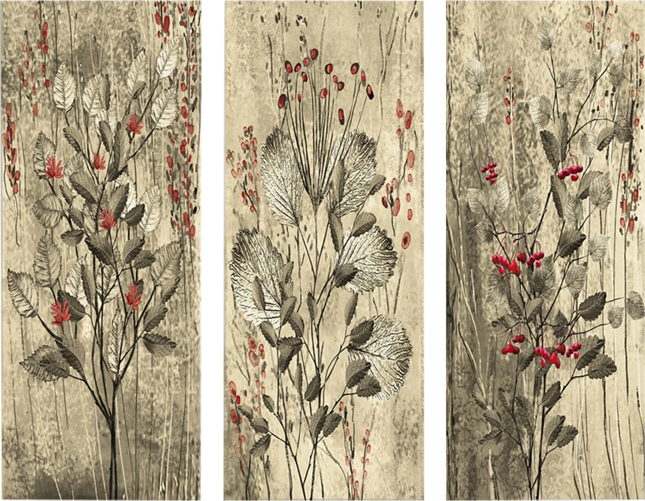 Set 3 pjesësh piktura dekorative, MDF, lule të kuqe dhe manaferra, FH7204.01, 60x50x0.3 cm