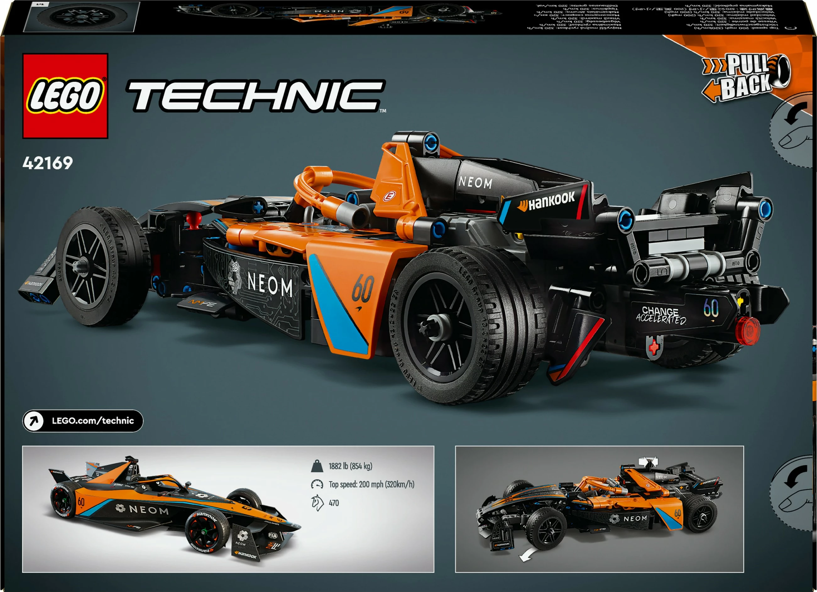 Set ndërtimi LEGO Technic NEOM McLaren Formula E 42169, 452 pjesë, pull-back, shumëngjyrësh