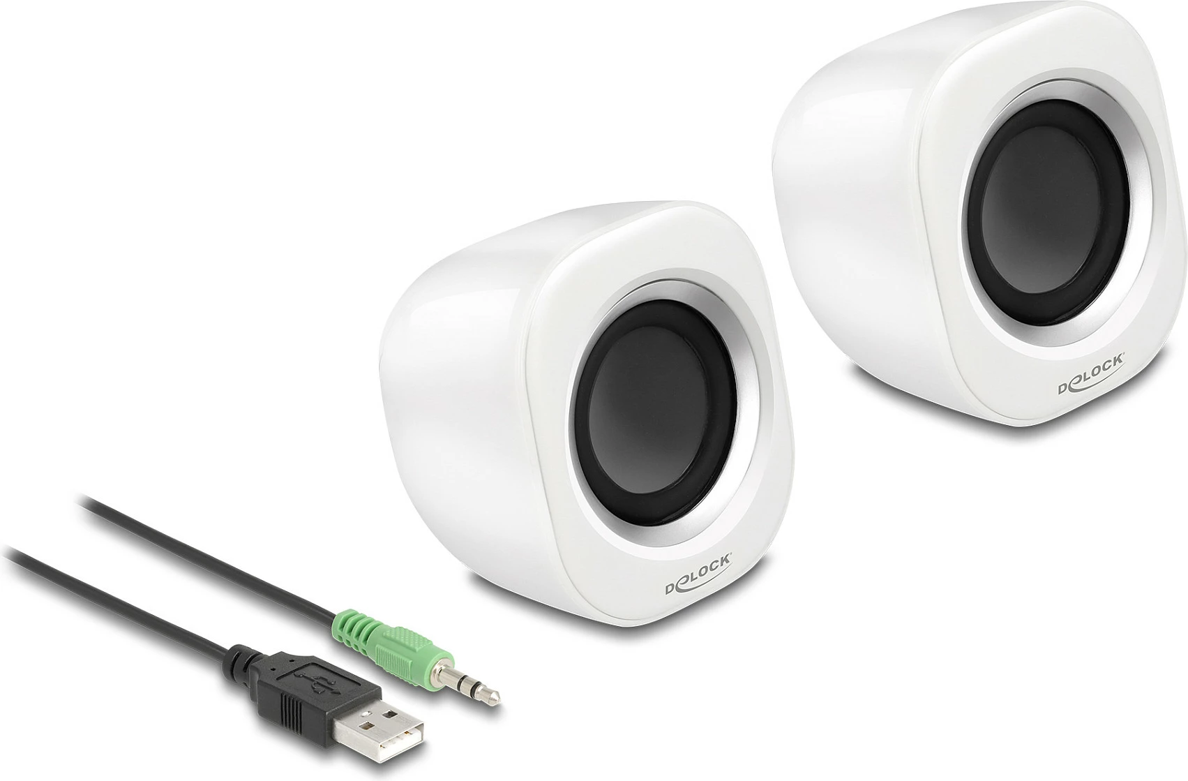 Altoparlantë DeLOCK Mini Stereo për PC, 2.0, 2 W, USB + 3.5 mm, argjendtë/bardhë