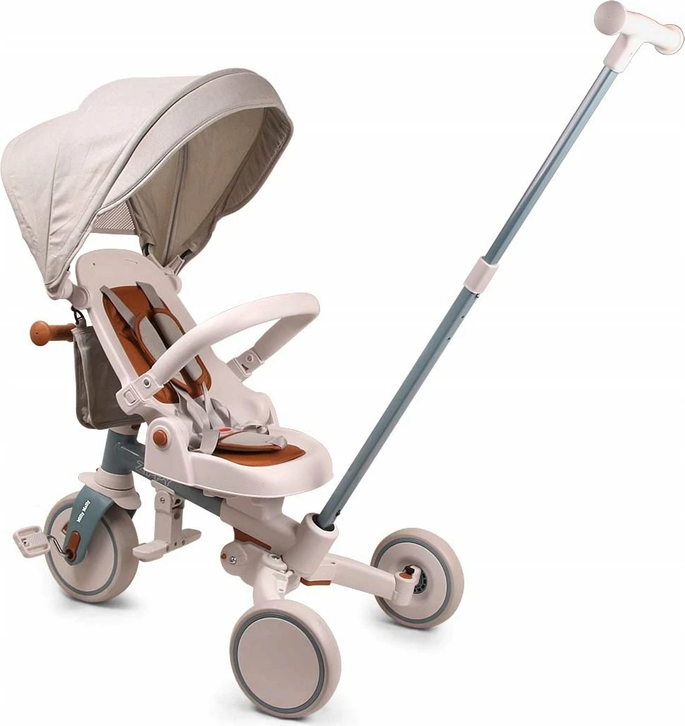 Tricikël fëmijësh Milly Mally Zippy, 12+ muaj, 25 kg max, ulëse rrotulluese 180°, rrota shkumë, kornizë çeliku, me tendë dhe shtytës prindi, Blu