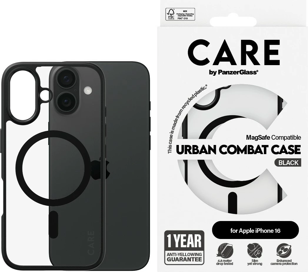 Mbështjellës PanzerGlass CARE Case Flagship Urban Combat MagSAFE për iPhone 16, transparent