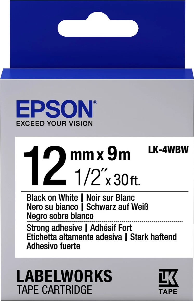 Kasetë shirit etikete Epson LabelWorks LK-4WBW, 12mm x 9m, ngjitje e fortë, e zezë në të bardhë