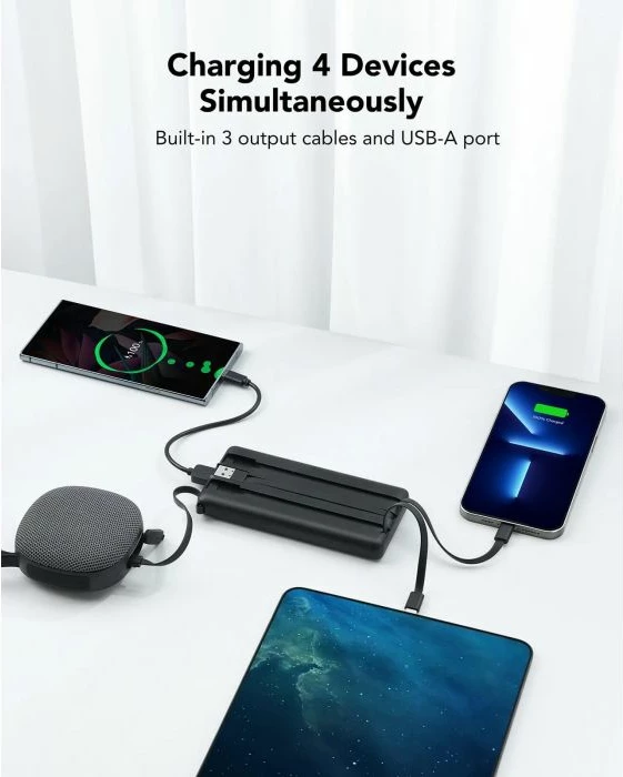 Power bank portativ VEGER C10 10000 mAh me kabllo të integrume, i zi