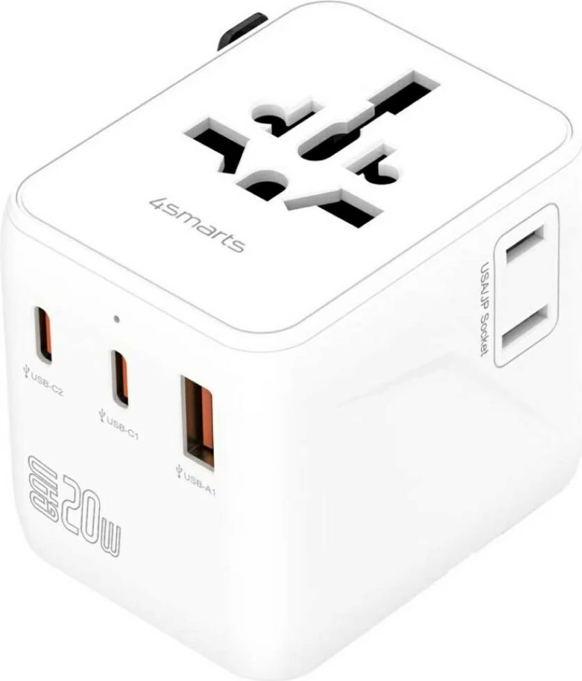 Adapter udhëtimi, 4smarts Nomad 20W, GaN, 2x USB-C + 1x USB-A, prizë universale, i bardhë