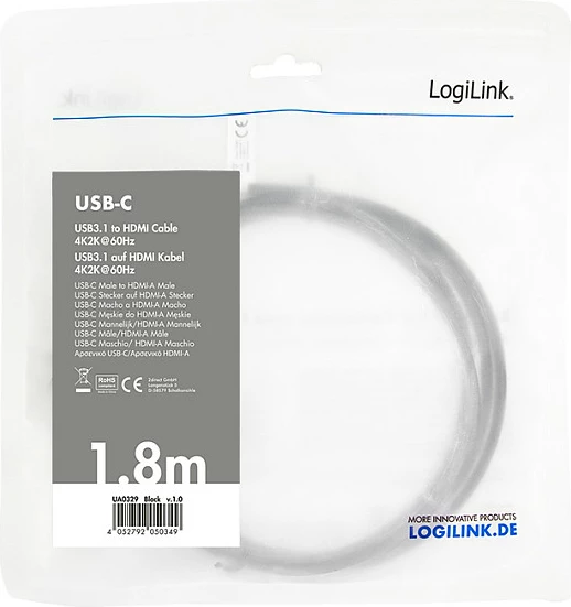 Kabllo LogiLink USB-C 3.2 Gen1 në HDMI-A, 4K/60Hz, 1.8m, e zezë