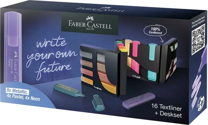 set markerë nënvizues Faber-Castell Textliner 46 FC-254603, 16 copë + mbajtëse tavoline, miks neon/pastel/metalike