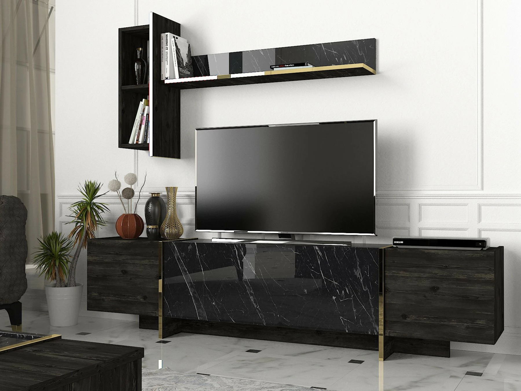 Komodë TV Skye Decor, e zezë, ari, Veyron