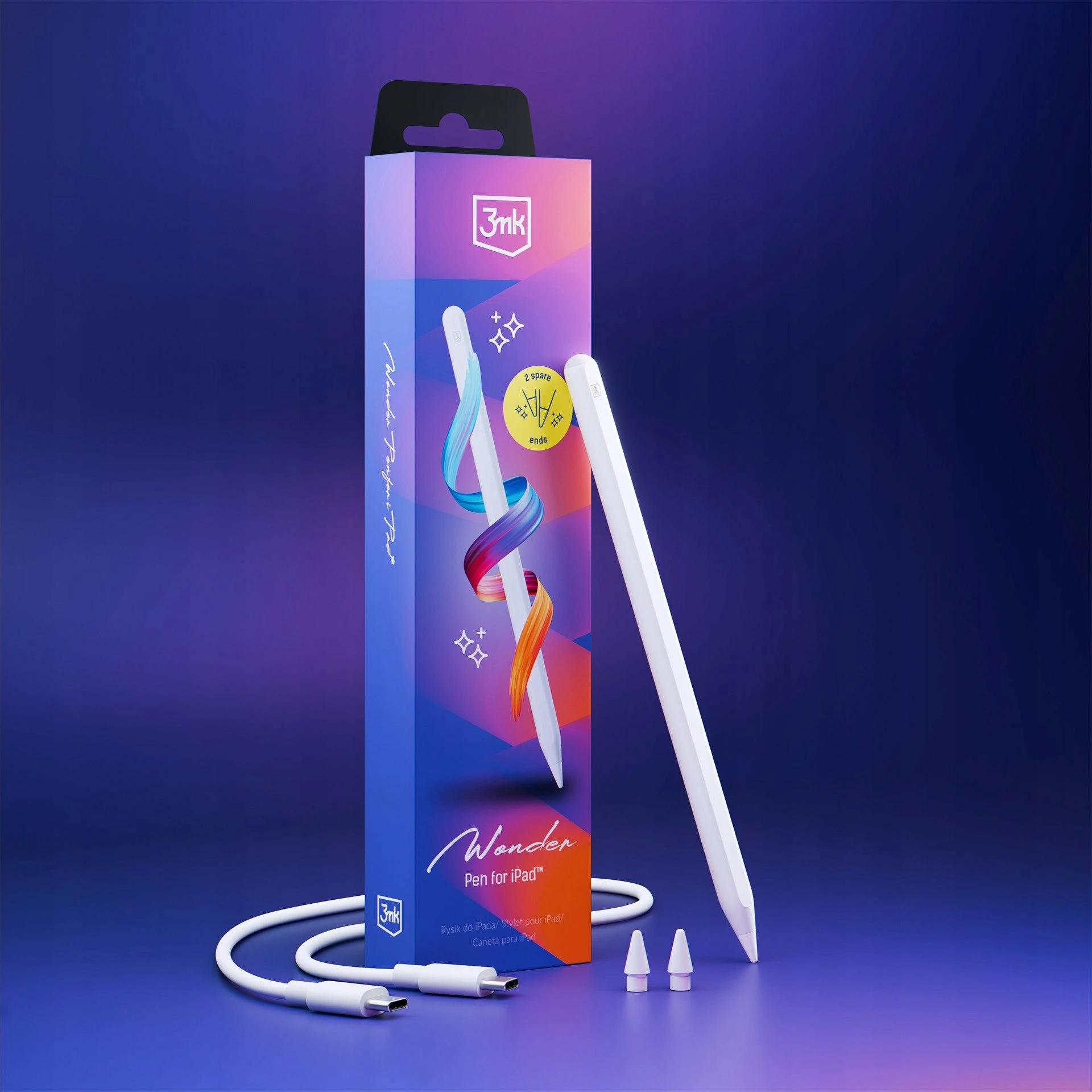 Stylus 3MK Wonder Pen USB-C me karikim pa kabllo për iPad, i bardhë, set me 2 maja + kabllo USB-C