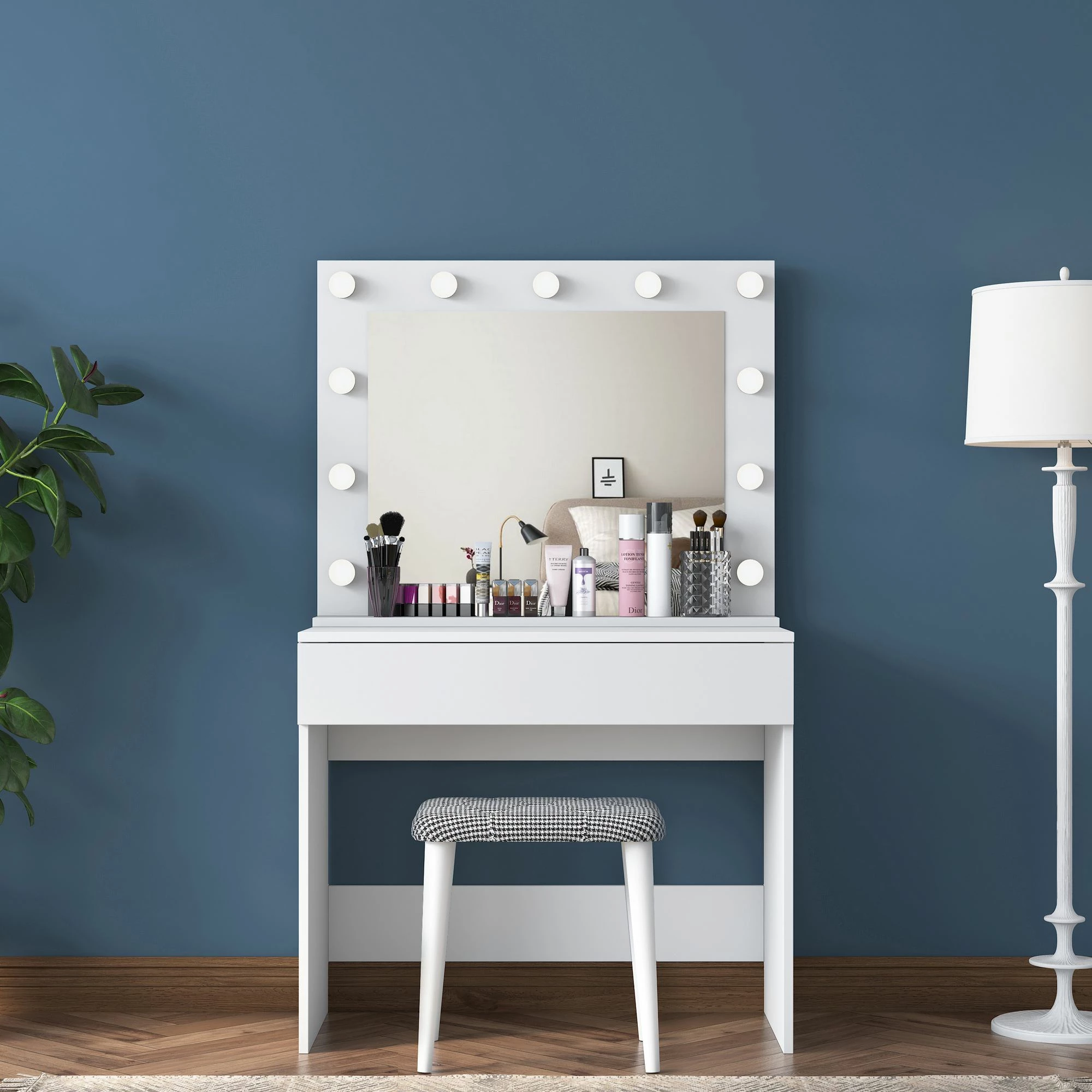 Tavolinë grimi Hanah Home, BJ121 - 2934, e bardhë, me pasqyrë dhe puf