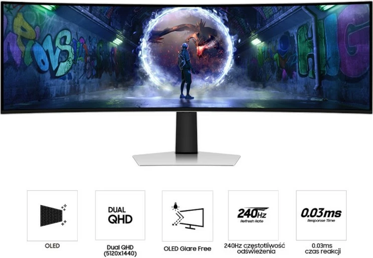 Monitor gaming, Samsung, Odyssey G93SD LS49DG934SUXEN, 49" 32:9 OLED Dual QHD 240Hz 0.03ms, i lakuar 1800R, VESA 100x100, Silver