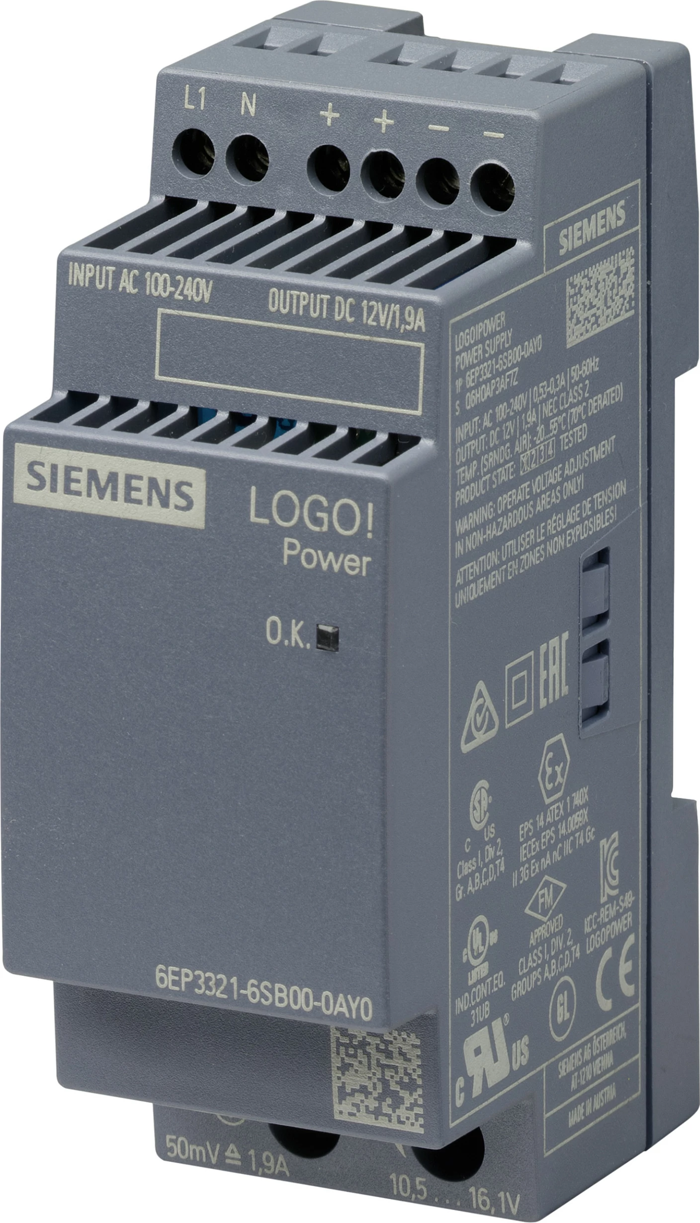 Furnizues rryme Siemens LOGO!Power 6EP3321-6SB00-0AY0, 12V 1.9A, shinë DIN, shumëngjyrësh