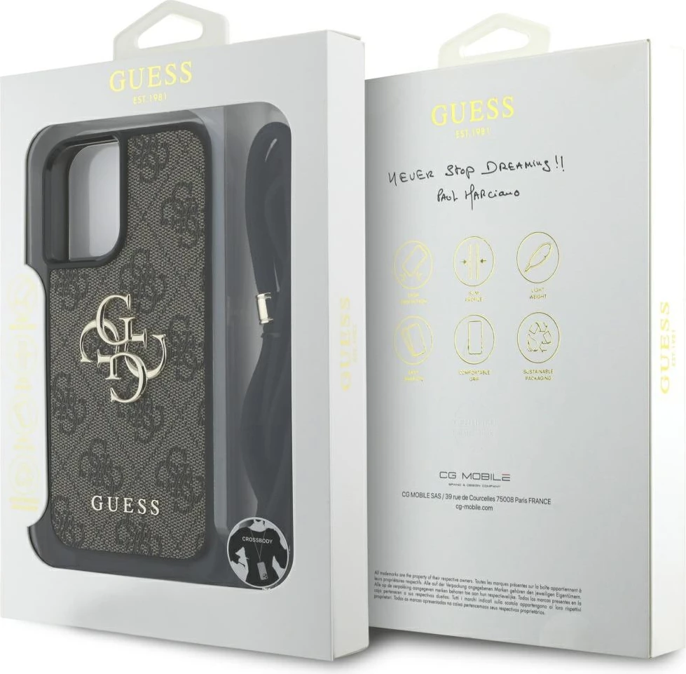 Mbështjellës Guess 4G Big Logo Cord Stap Crossbody për iPhone 16 Plus, Kafe