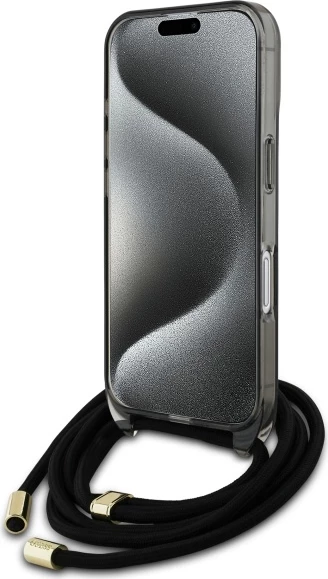 Mbështjellës Guess Crossbody Cord Script MagSafe për iPhone 16, i zi