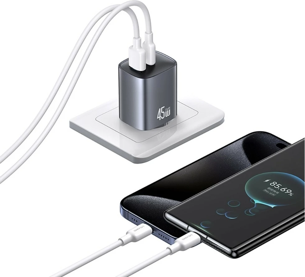 Karikues murale GaN, USAMS CC290 T66 (USA001665), 45W, USB-C + USB-A, PD/QC, bardhë