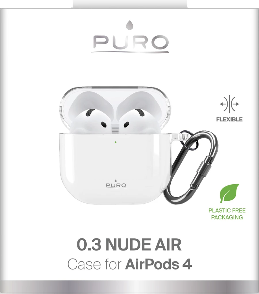 Mbështjellës TPU për AirPods 4 Puro 0.3 Nude, ultra i hollë, me karabinë, transparent