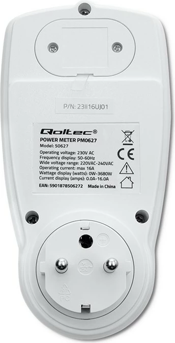 Matës i konsumit të energjisë Qoltec PM0627, 3680W, 16A, LCD, Bardhë