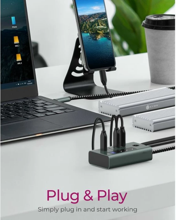 USB-C hub ICYBOX IB-HUB1454-C31, 4 porta, USB 3.2 Gen 2 10 Gbit/s, USB-C PD 20W, kabllo 60 cm, kasë alumini, gri/kaltër