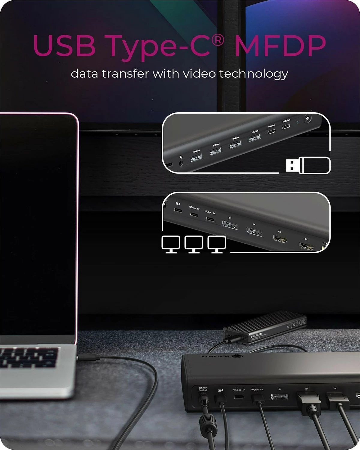 Docking station ICY BOX IB-DK7401-CU31, USB-C 3.2 Gen 2, 8K, 2x HDMI, 2x DisplayPort, 2.5GbE, e zezë