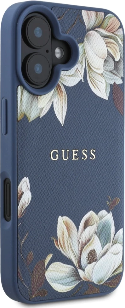 Mbështjellës Guess Grained Printed Flower Pattern MagSafe për iPhone 16, Blu