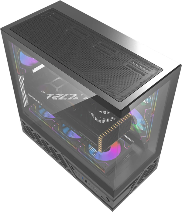 Kasë DarkFlash DS950 ATX Midi Tower me 6 ventilatorë, panel xhami i temperuar 270°, USB-C 3.2 Gen 2, e zezë