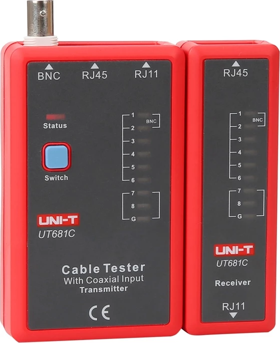 Testues kabllosh UNI-T UT681C RJ45/RJ11/BNC, LED, testim ekranimi, bateri 9V, e kuqe-gri set transmetues+marrës