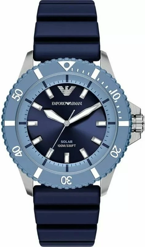 Orë dore për meshkuj Emporio Armani World Explorer Solar AR11785, blu e argjendtë, me kuti