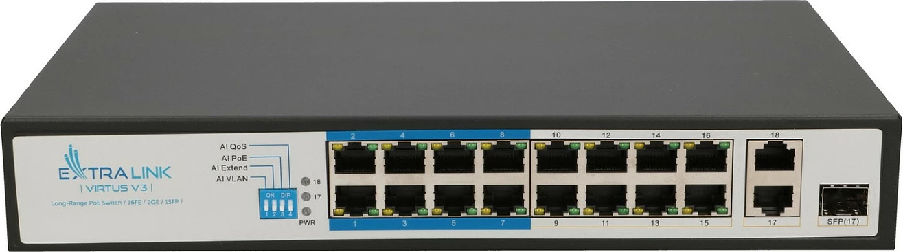 Switch PoE Extralink VIRTUS V3, 16x 100Mb/s PoE/PoE+, 2x Gigabit RJ45, 1x SFP, 150W, i zi