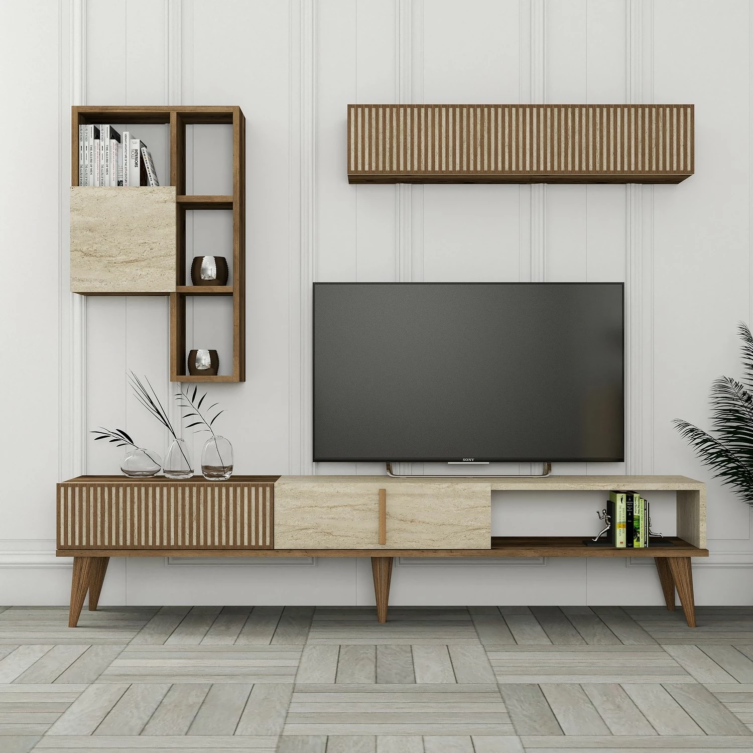Komodë TV Hanah Home, Milan, ngjyrë arre dhe travertin