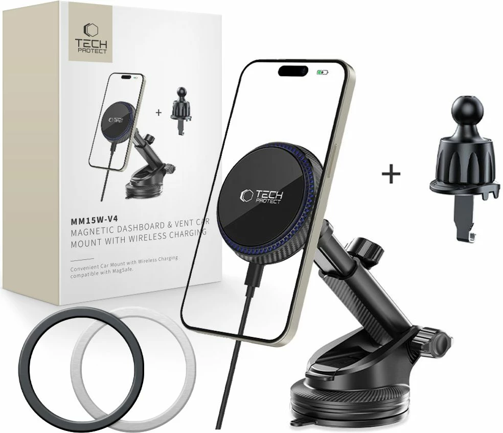 Mbajtës magnetik për veturë Tech-Protect MM15W-V4 me MagSafe, 15W, i zi